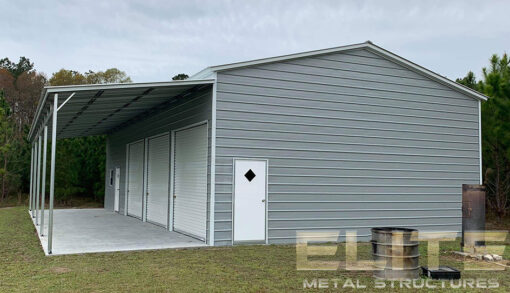 42x50-Metal-Garage-Building-Three-Bay-with-Lean-To-End-View